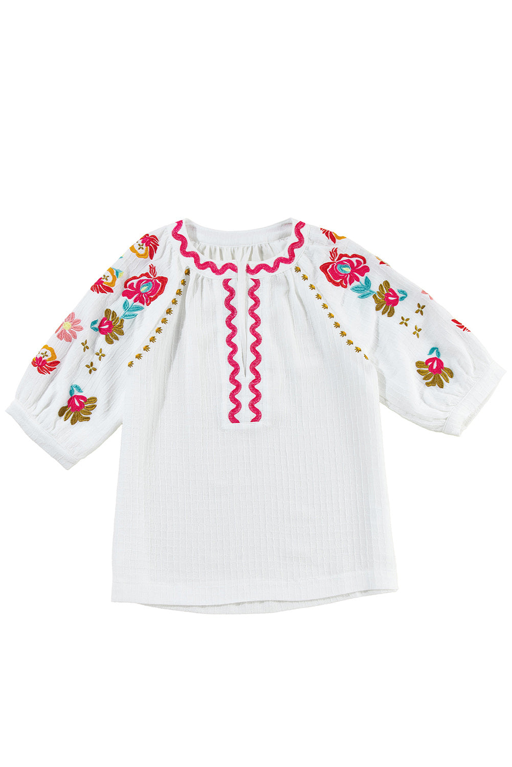 White Floral Embroidered Ricrac Puff Sleeve Textured Blouse