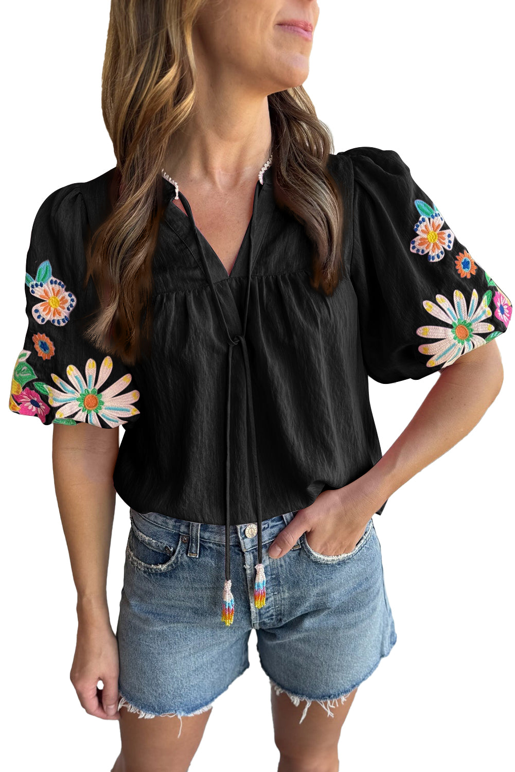 Mineral Red Floral Embroidered Puff Sleeve Split Neck Blouse