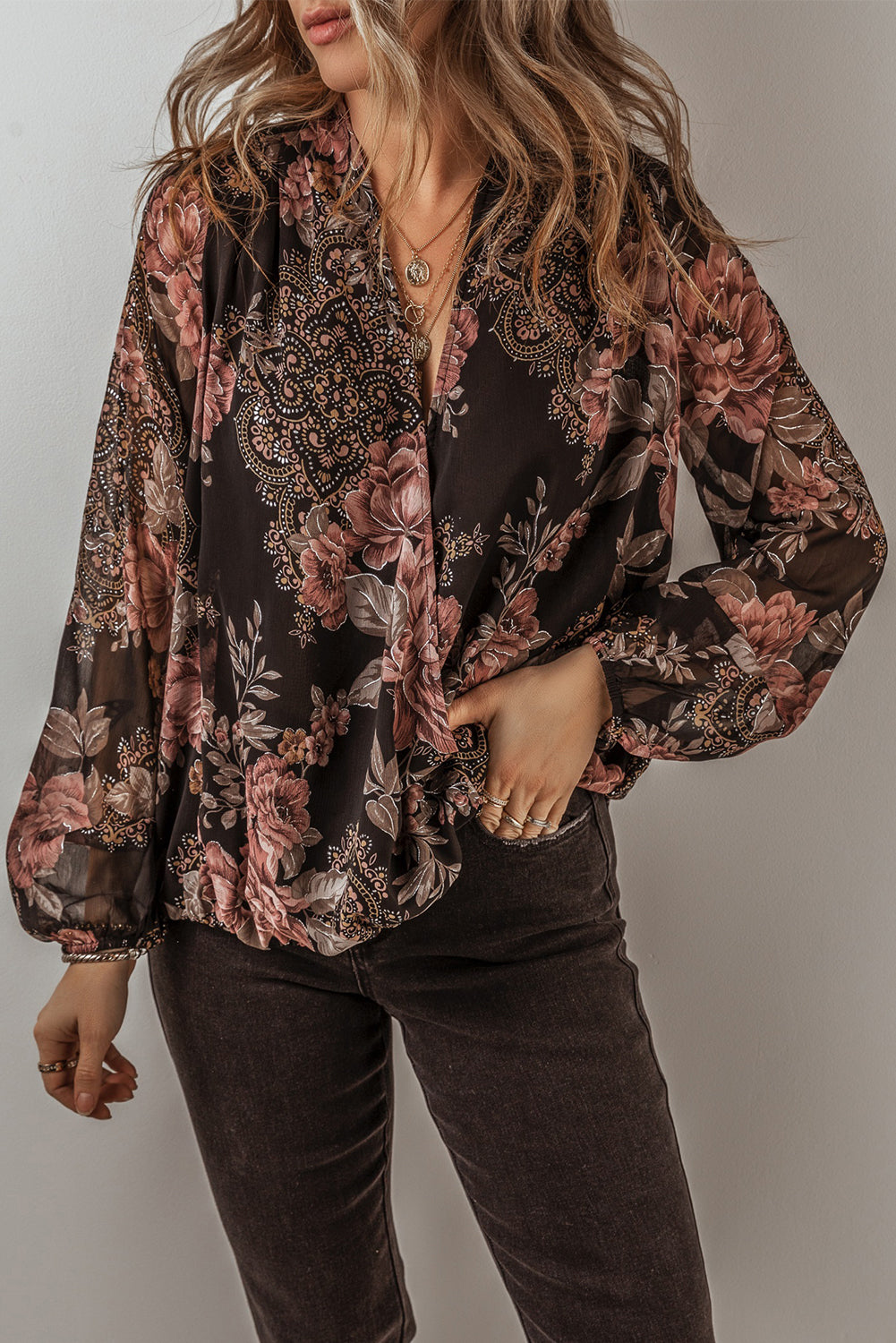 Black Floral Print Criss Cross V Neck Balloon Sleeve Blouse