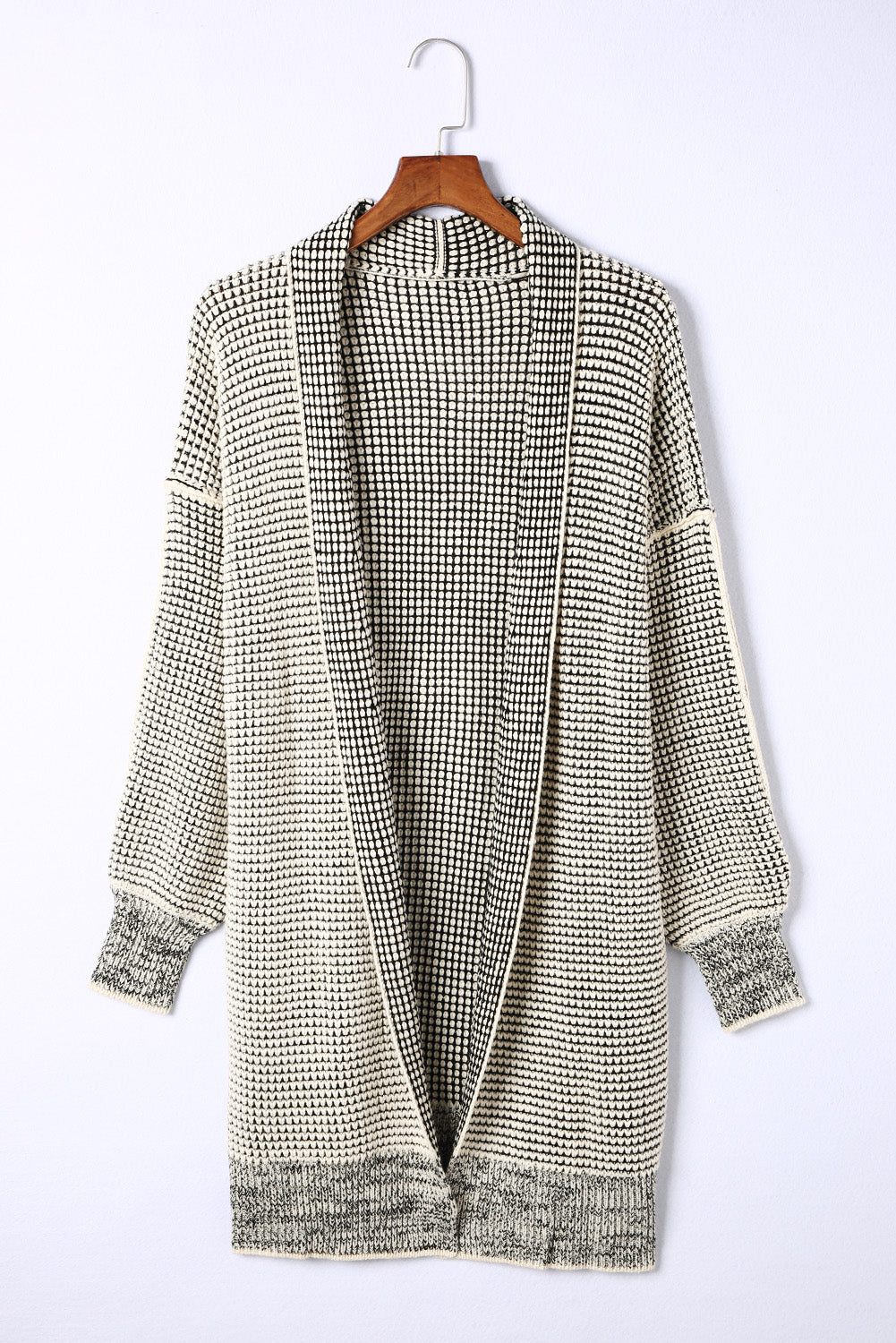 Apricot Plaid Knitted Long Open Front Cardigan