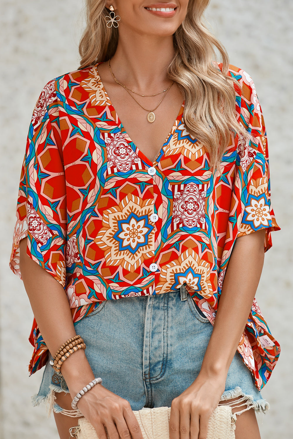 Red Floral Print V Neck Button Decor Batwing Blouse