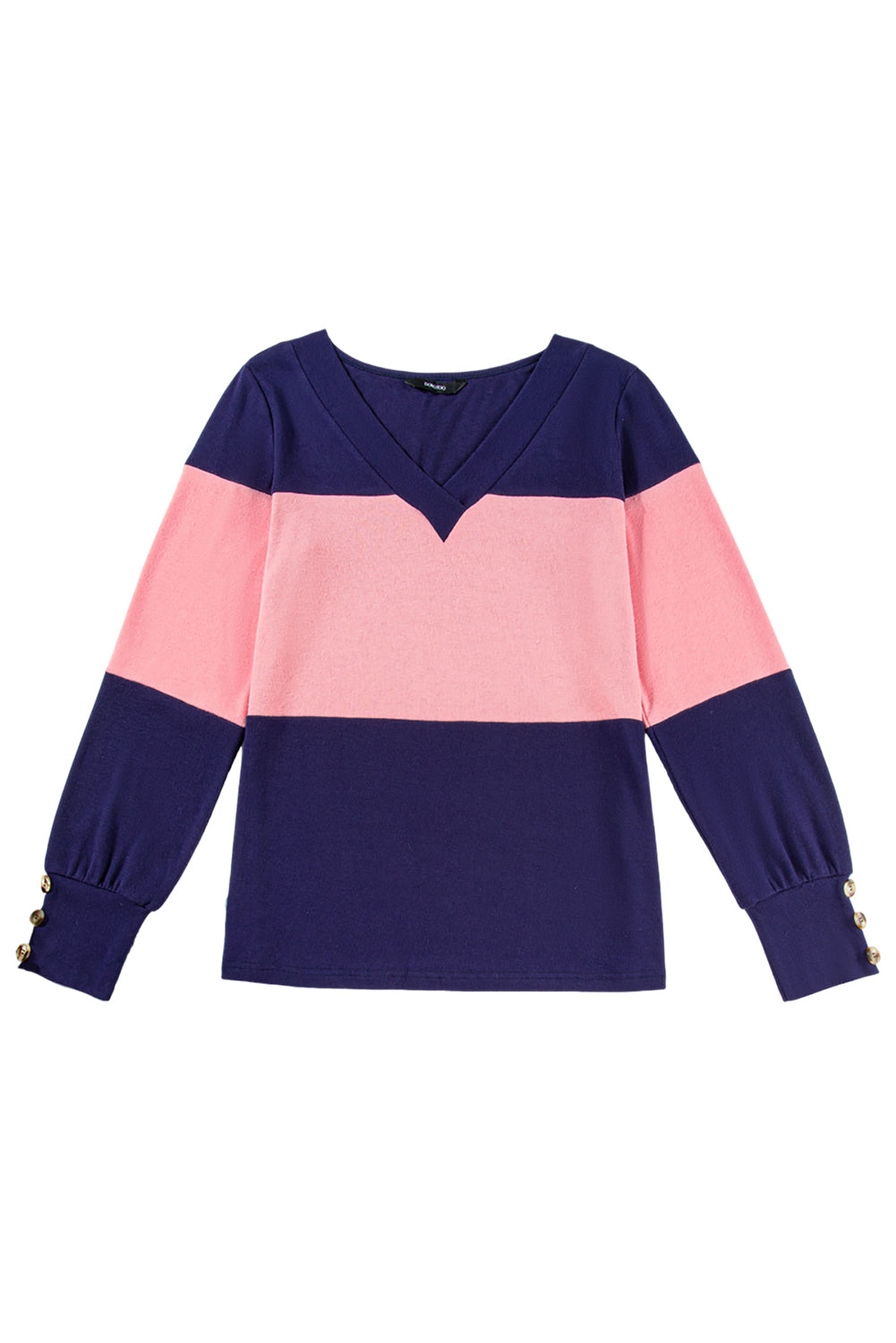 Blue Stripe Colorblock Button Decor Long Sleeve V Neck Top