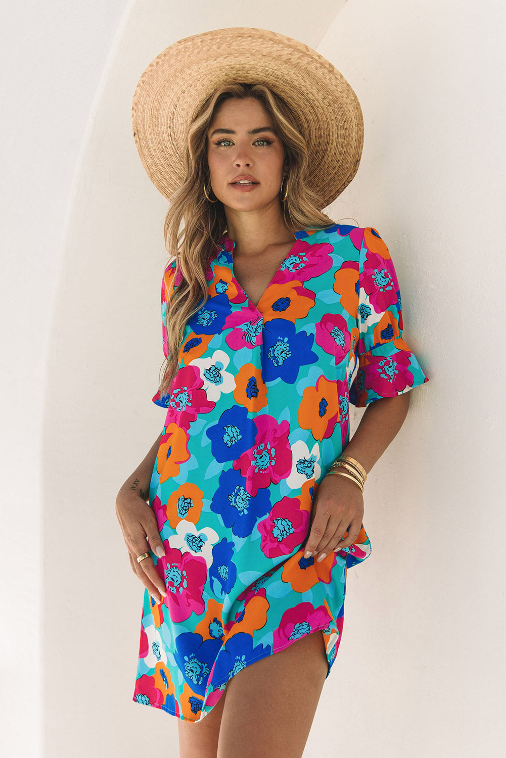 Multicolor Floral Print Mandarin Collar Short Sleeve Tunic Dress