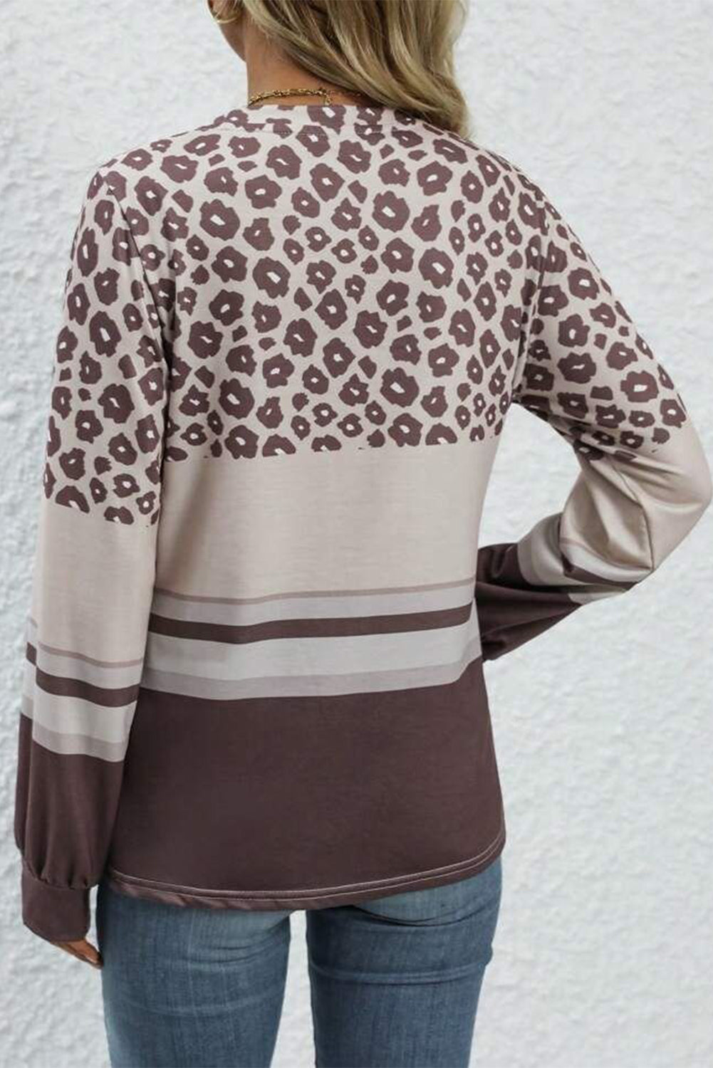 Brown Leopard Color Block Crewneck Long Sleeve Top