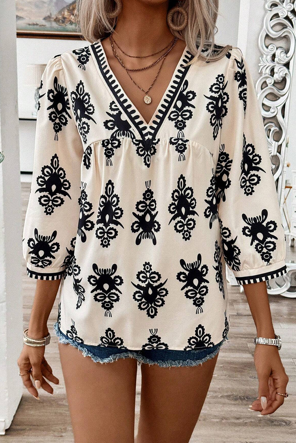 Black Ethnic Abstract Print Puff Sleeve V Neck Blouse