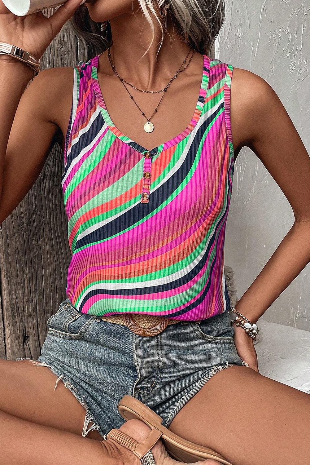 Purple Striped Print Henley Neck Tank Top