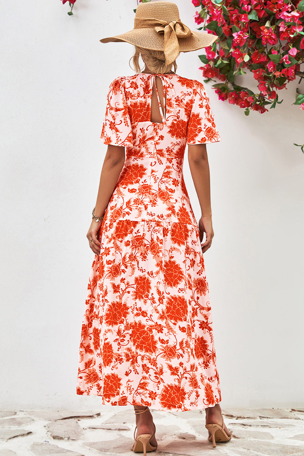 Orange Floral Print Knotted Back Round Neck Maxi Dress