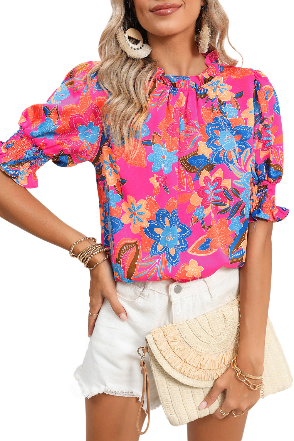 Rose Frill Neck Puff Sleeve Boho Floral Blouse