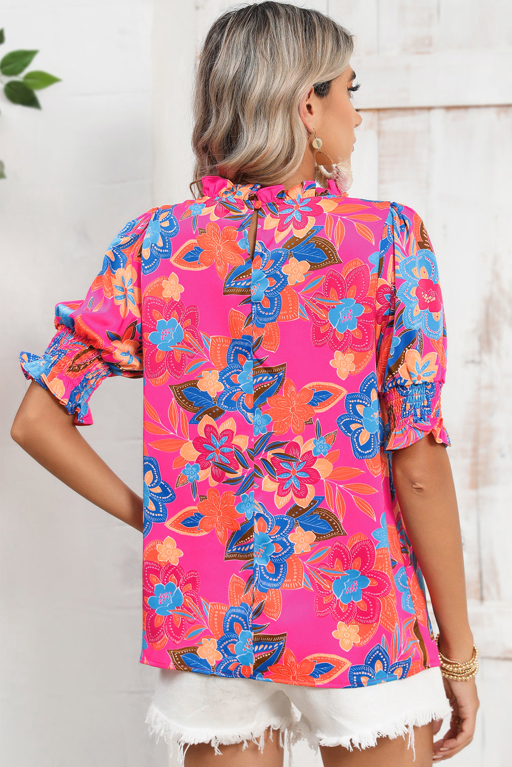 Rose Frill Neck Puff Sleeve Boho Floral Blouse