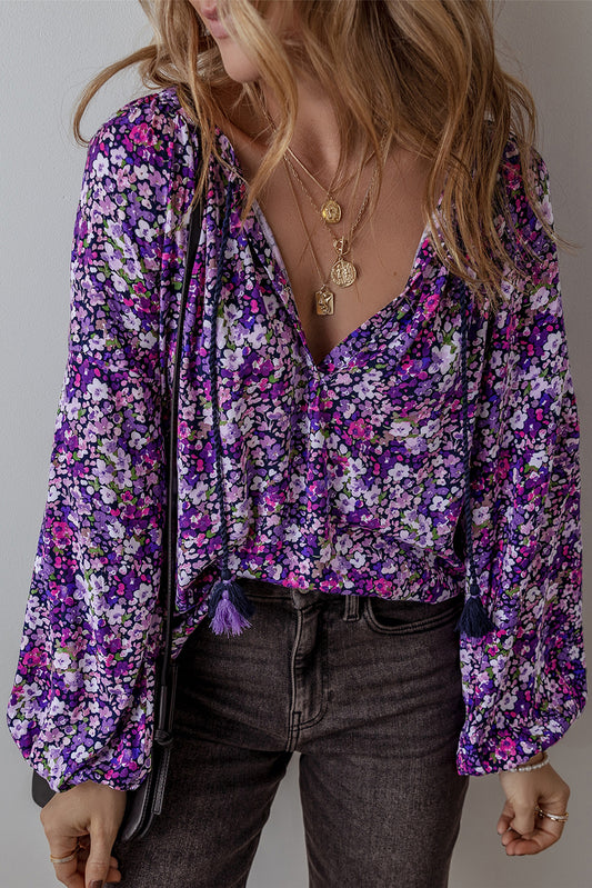 Purple Boho Ditsy Floral Split V Neck Bubble Sleeve Blouse