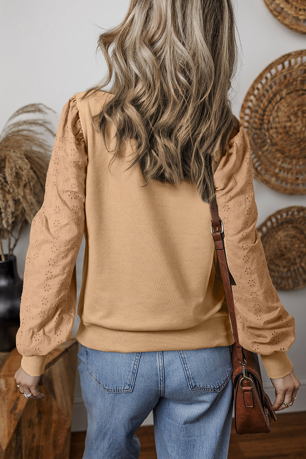 Pale Khaki Textured Patchwork Round Neck Sweatshirt