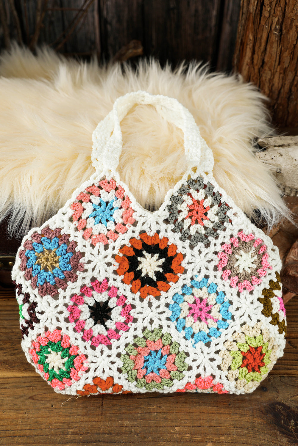 White Boho Floral Crochet Retro Hollowed Tote Bag