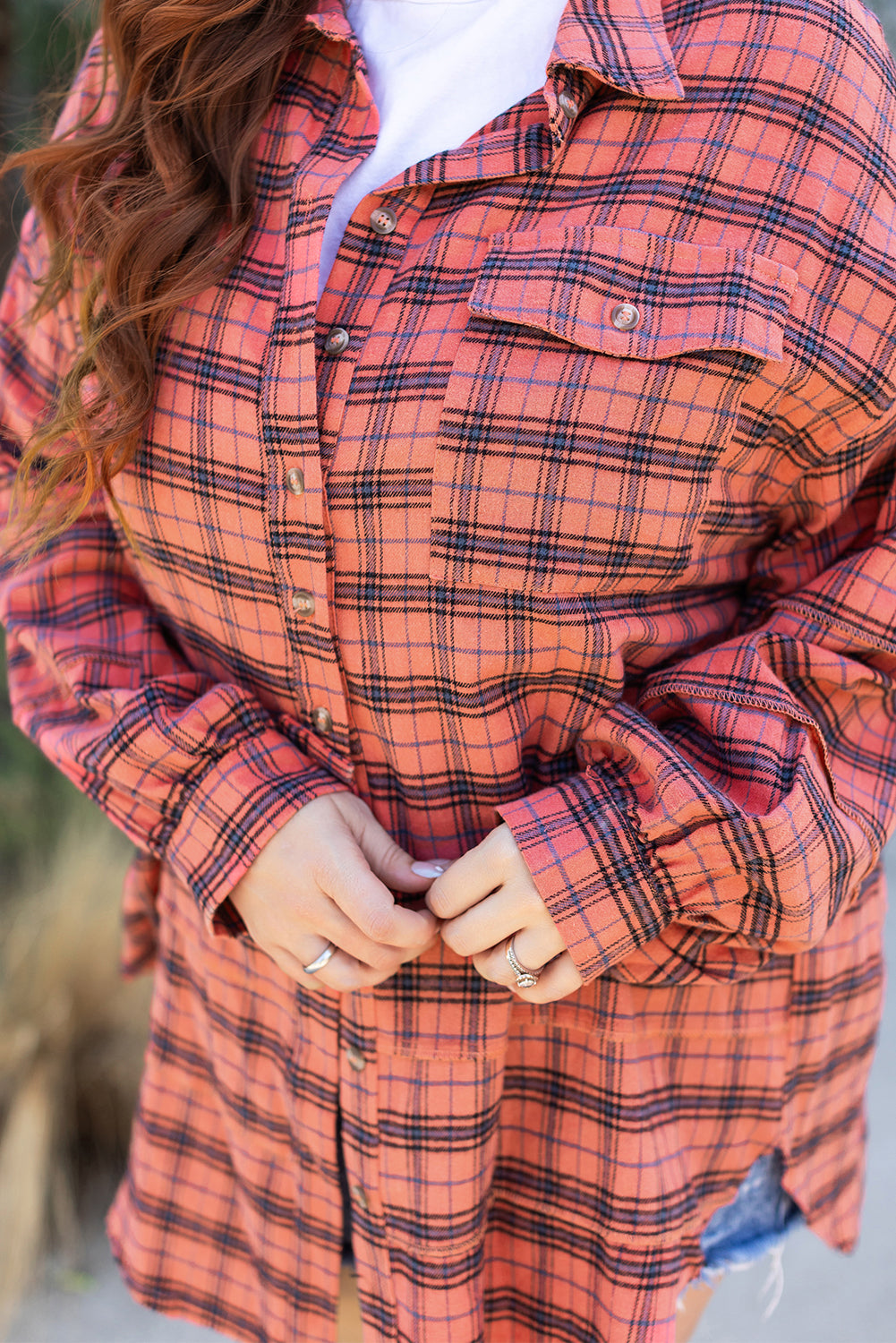 Red Plaid Long Sleeeve Side Split Distressed Hem Shirt