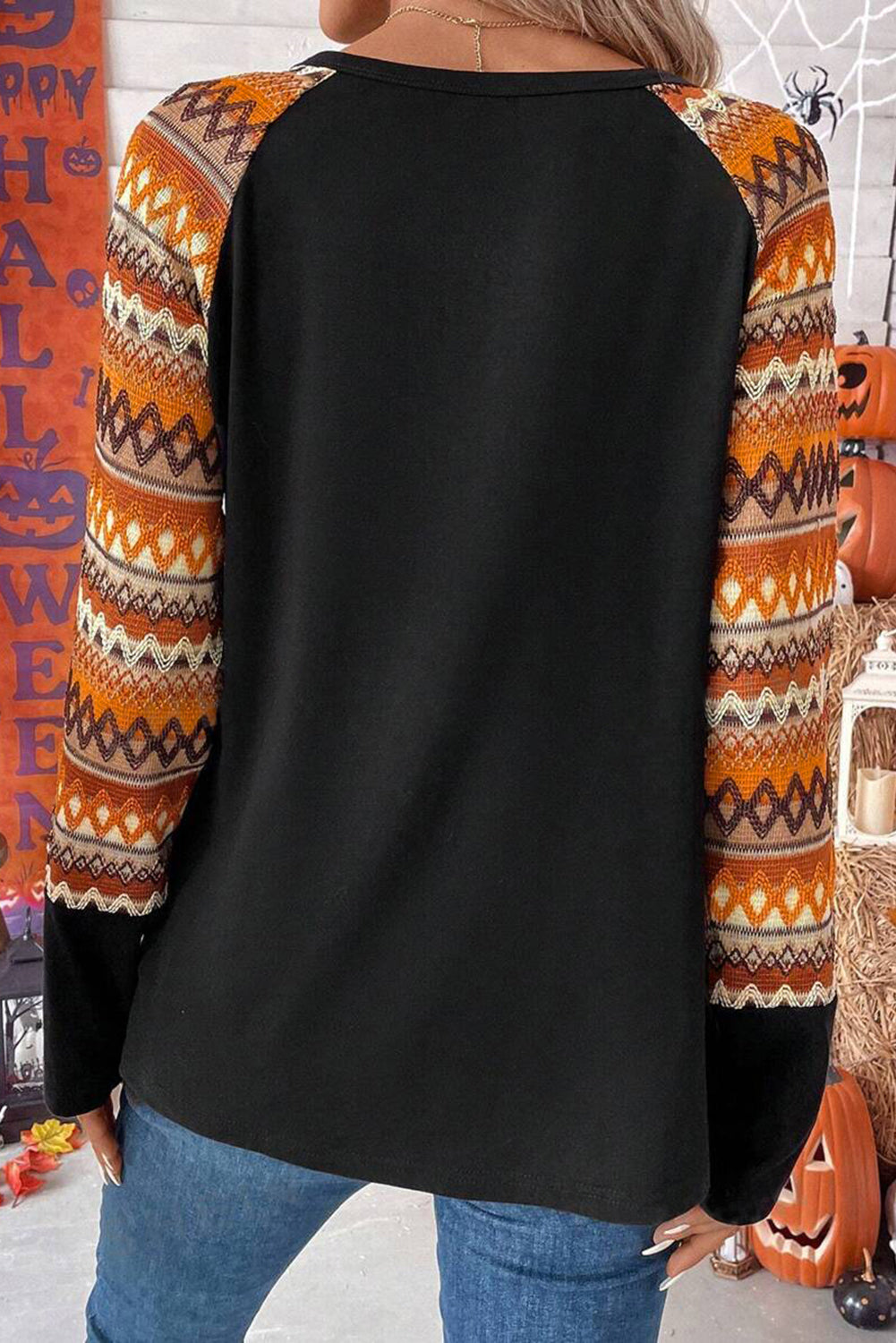 Orange Geo Print Raglan Patchwork Long Sleeve Tee