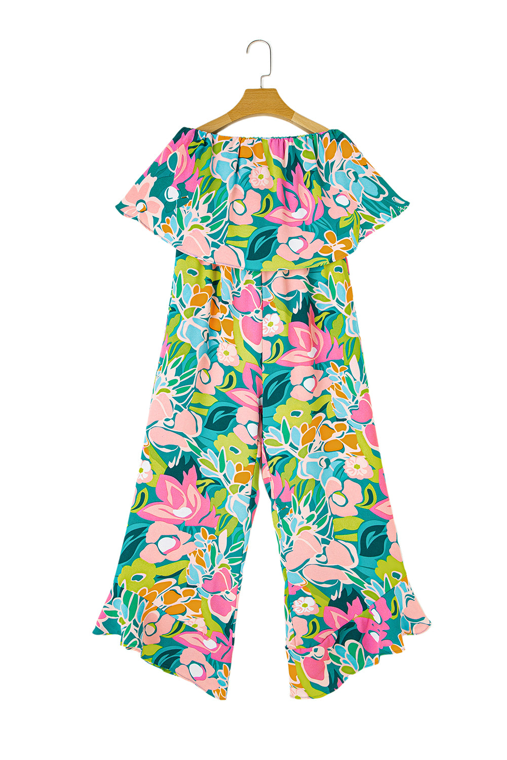 Blue Boho Tropical Print Ruffle Overlay Strapless Flared Jumpsuit