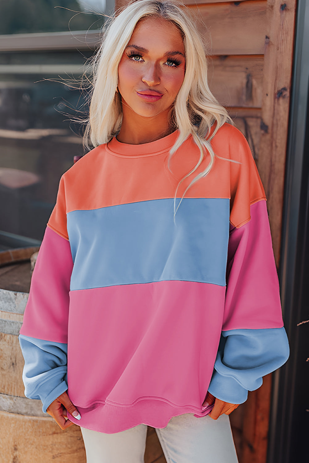 Bright Pink Colorblock Patchwork Drop Shoulder Sweatshirt