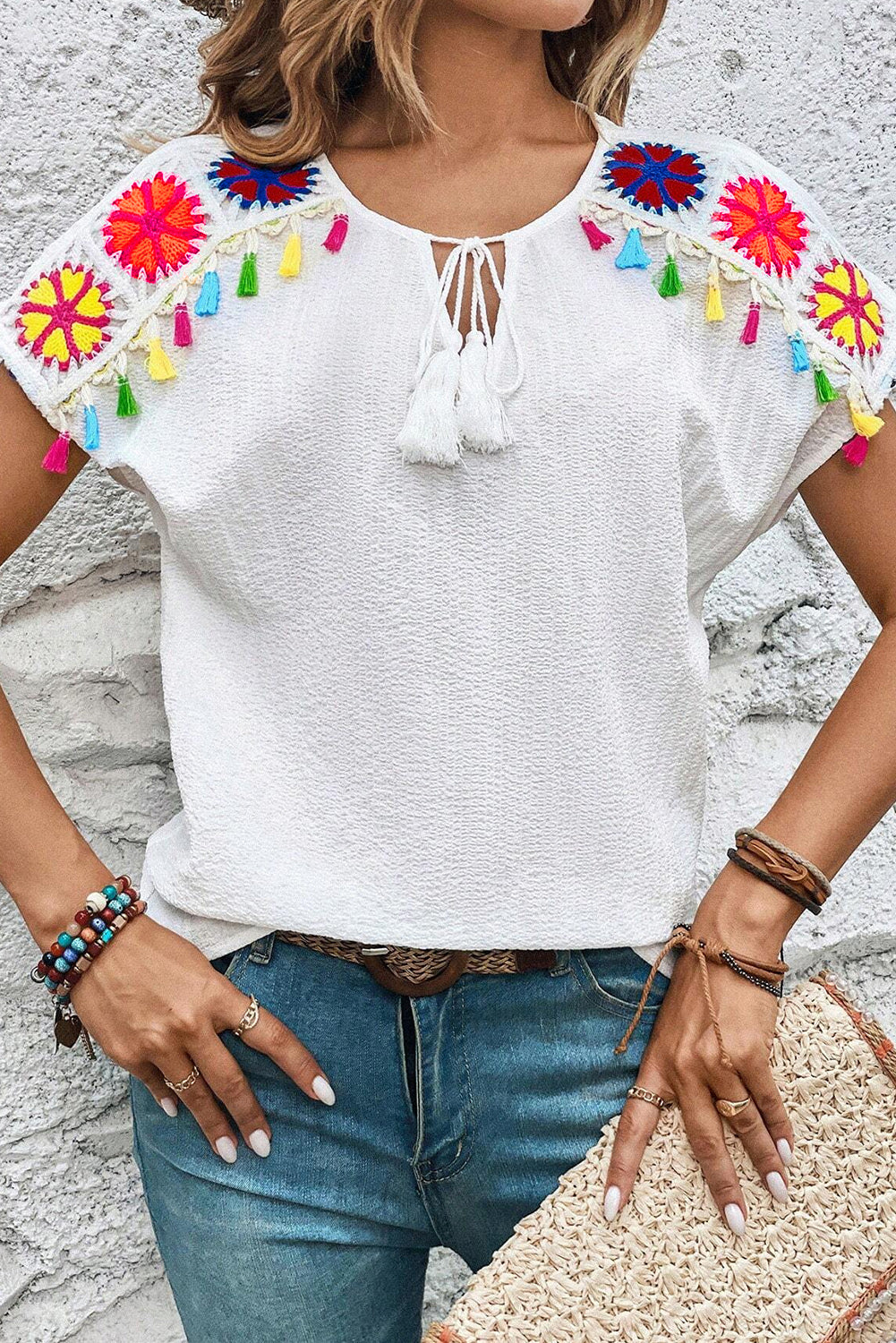 White Boho Embroidered V Neck Fringe Short Sleeve Blouse