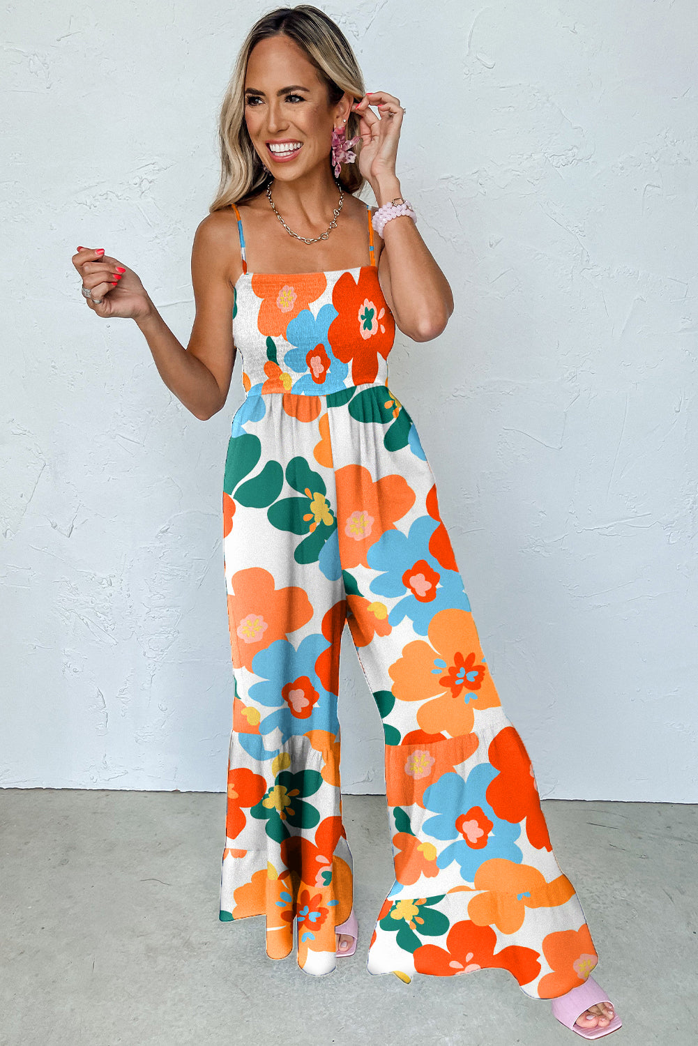 Orange Flower Smocked Bust Spaghetti Straps Wide Leg Jumpsuit