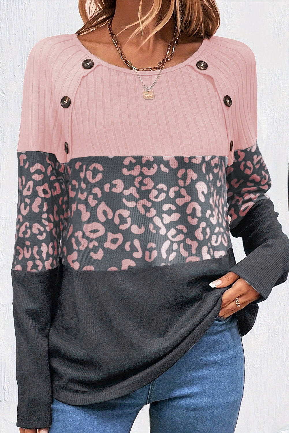 Pink Leopard Textured Patchwork Button Decor Round Neck Top