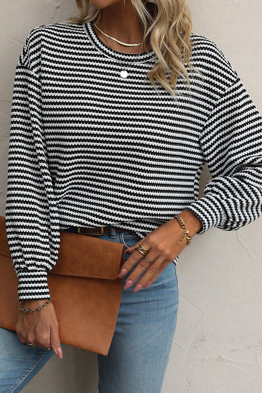 Black Stripe Round Neck Drop Shoulder Long Sleeve Top