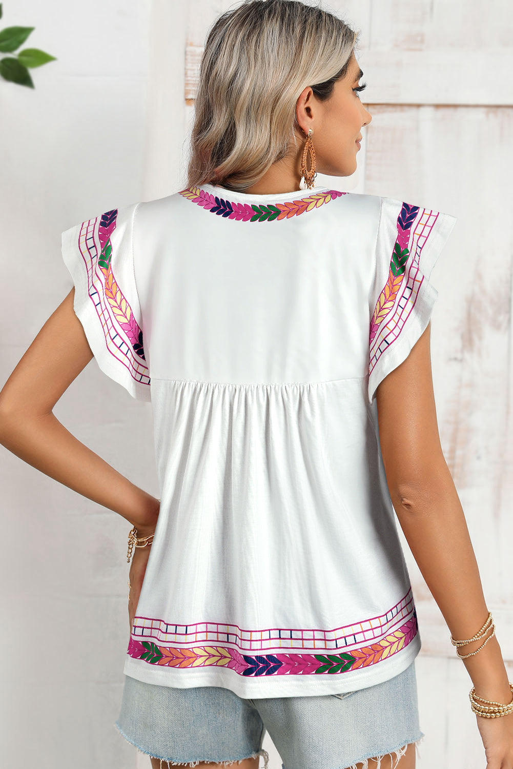 White Abstract Print Ruffle Boho Babydoll Sleeveless Top