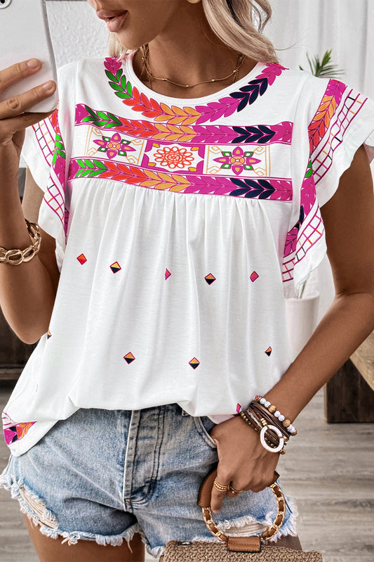 White Abstract Print Ruffle Boho Babydoll Sleeveless Top