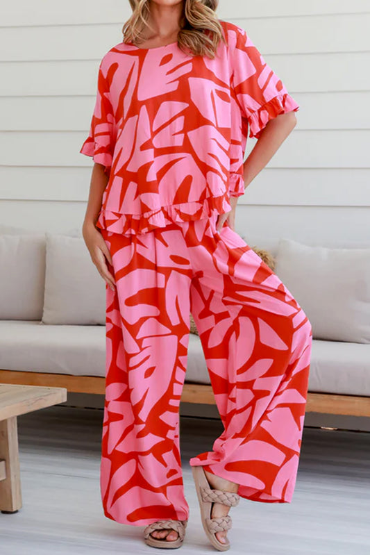 Strawberry Pink Abstract Print Ruffle Hem Tee and Wide Leg Pants Set