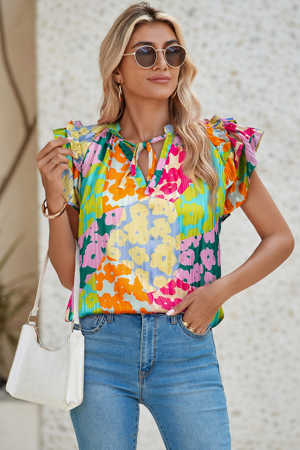 Multicolour Leopard Flutter Sleeve V Neck Crinkled Blouse