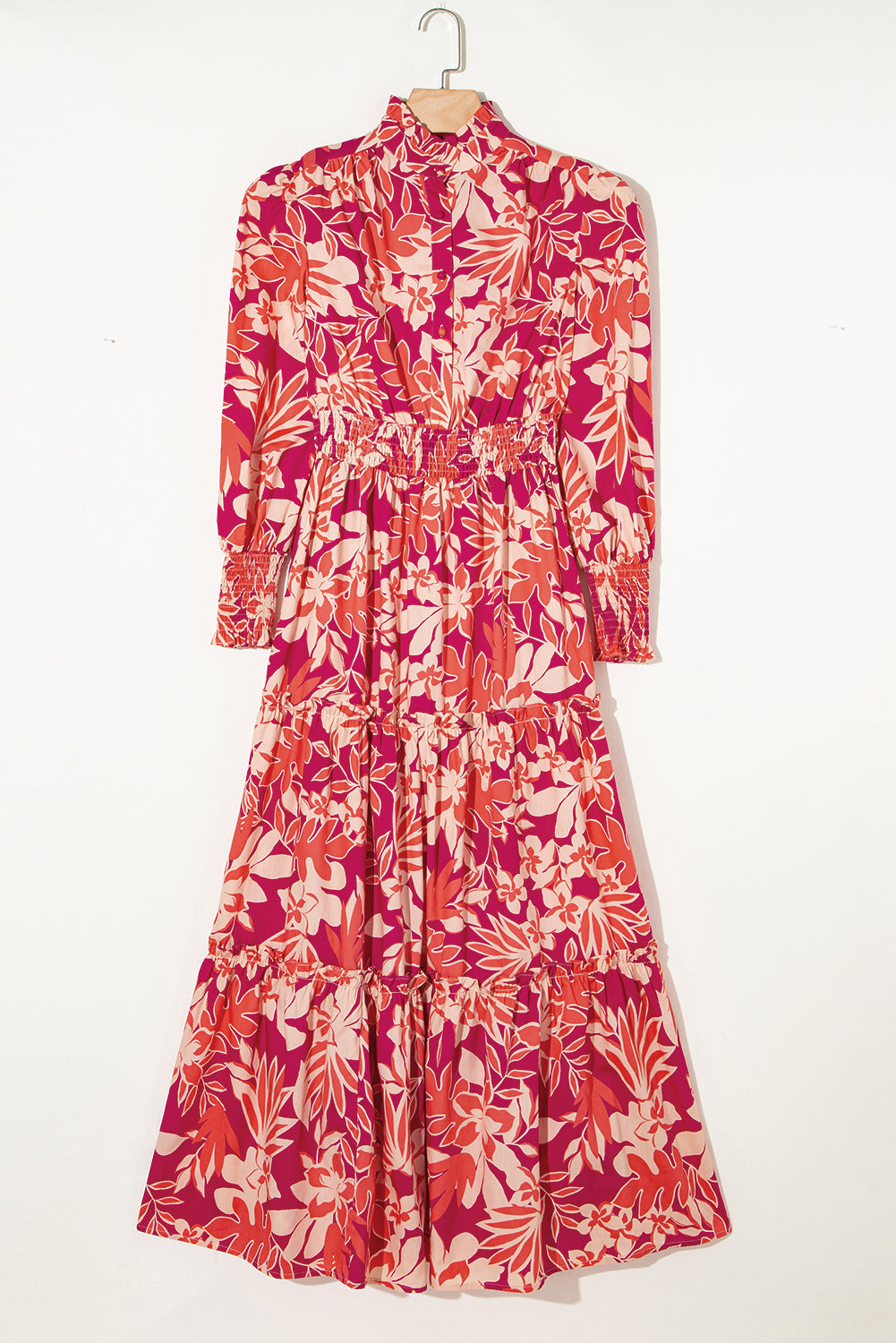 Rose Floral Print Buttoned Smocked High Waist Maxi Dress