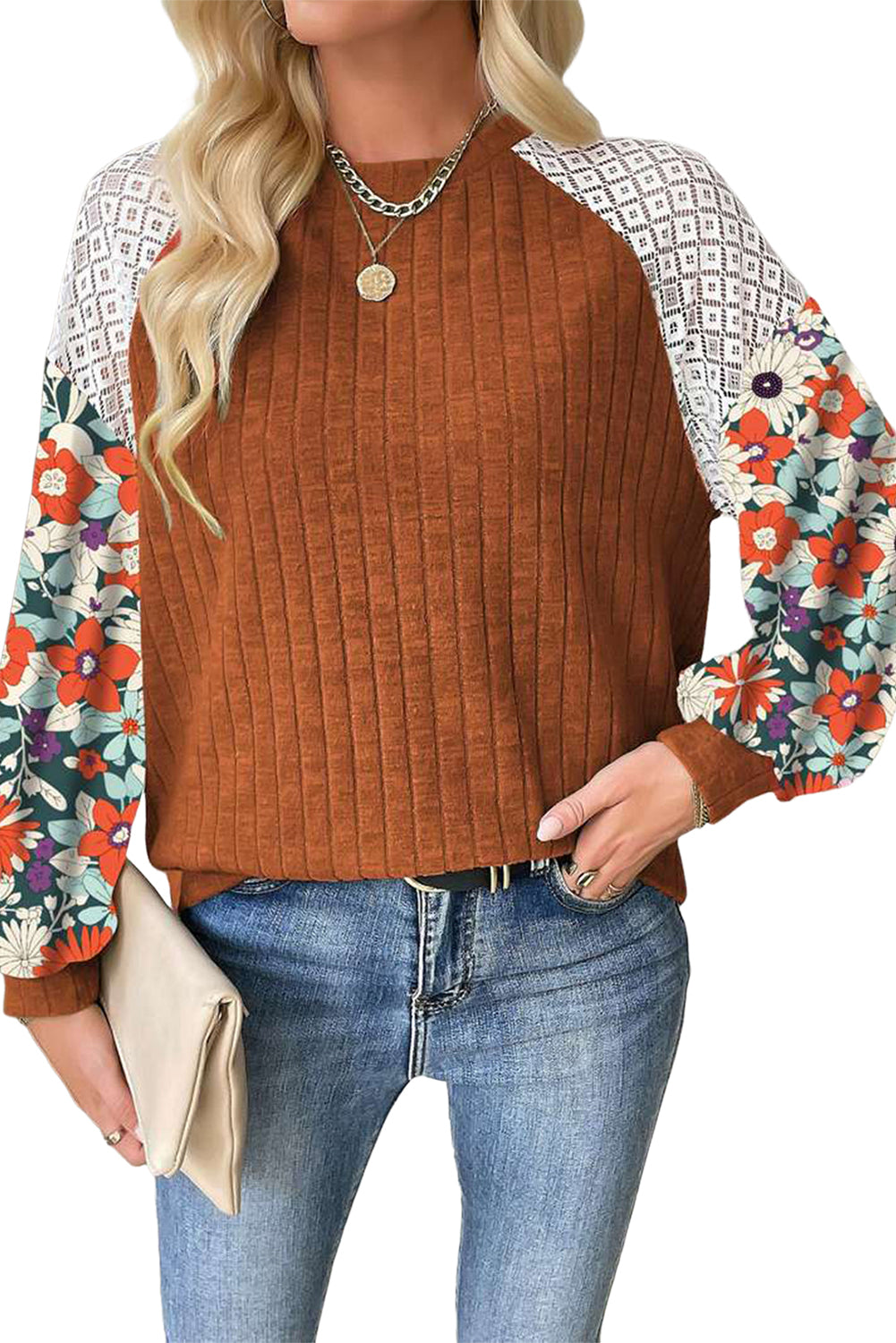 Parchment Floral Patchwork Raglan Sleeve Ribbed Blouse