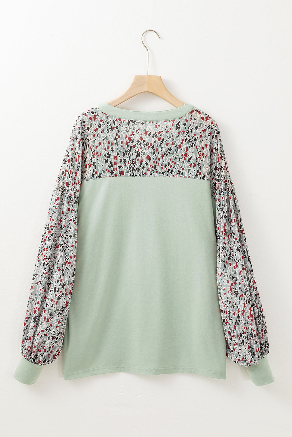 Meadow Mist Green Contrast Printed Bubble Sleeve Henley Loose Top with Slits