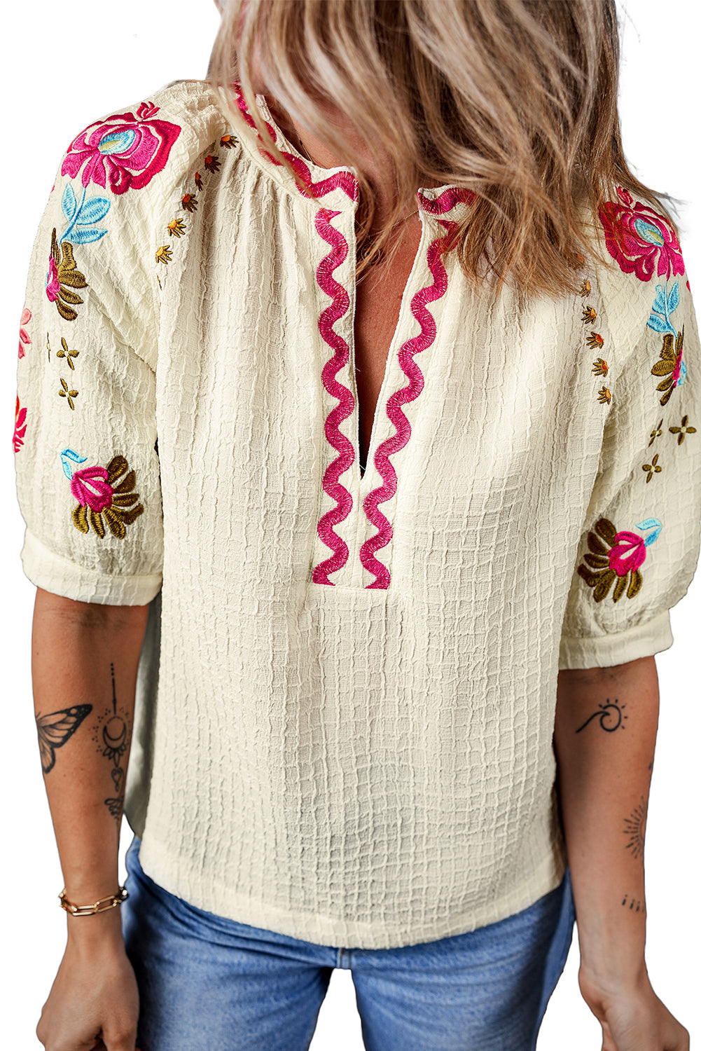 White Floral Embroidered Ricrac Puff Sleeve Textured Blouse