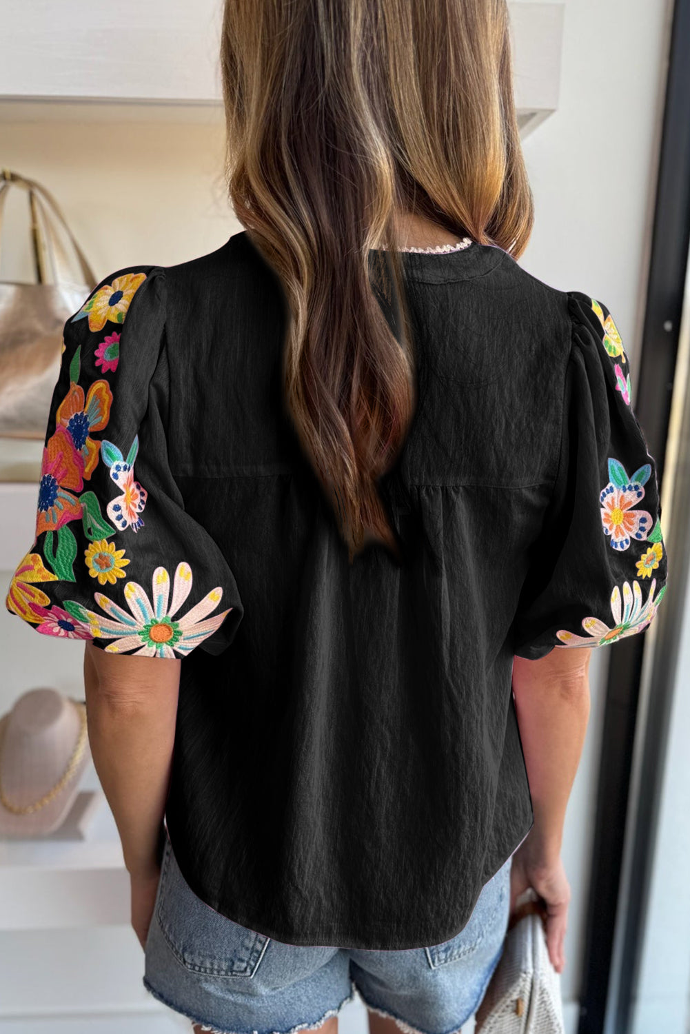 Mineral Red Floral Embroidered Puff Sleeve Split Neck Blouse