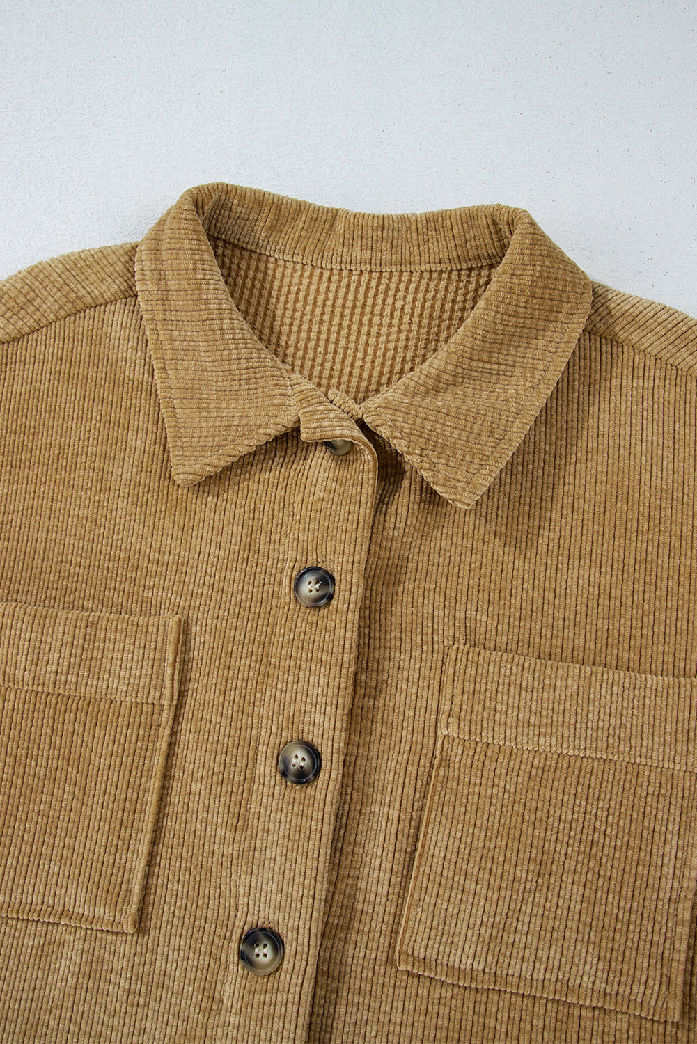 Light French Beige Patched Pocket Button Up Corduroy Shacket