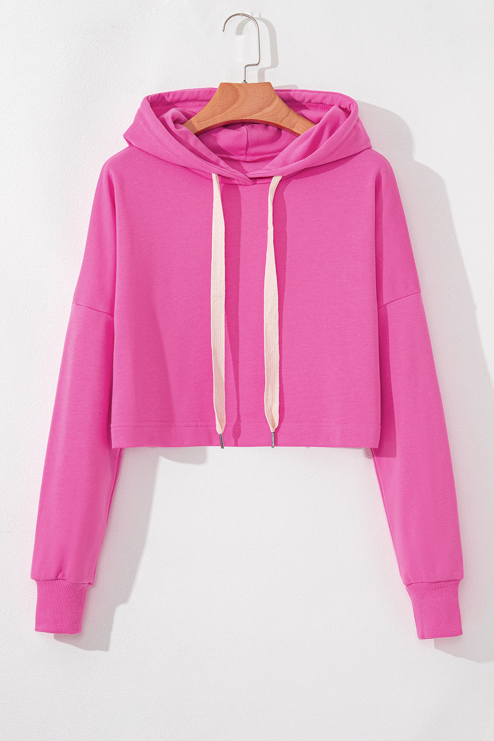 Sachet Pink Solid Drop Shoulder Drawstring Cropped Hoodie