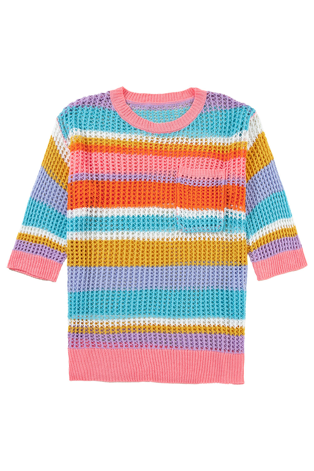 Orange Striped Color Block Hollow Crochet 3/4 Sleeve T Shirt