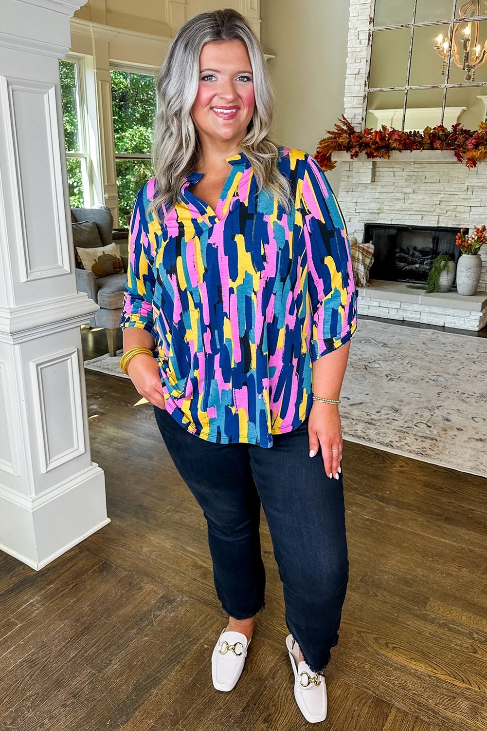 Blue Plus Size Abstract Print 3/4 Sleeve Blouse