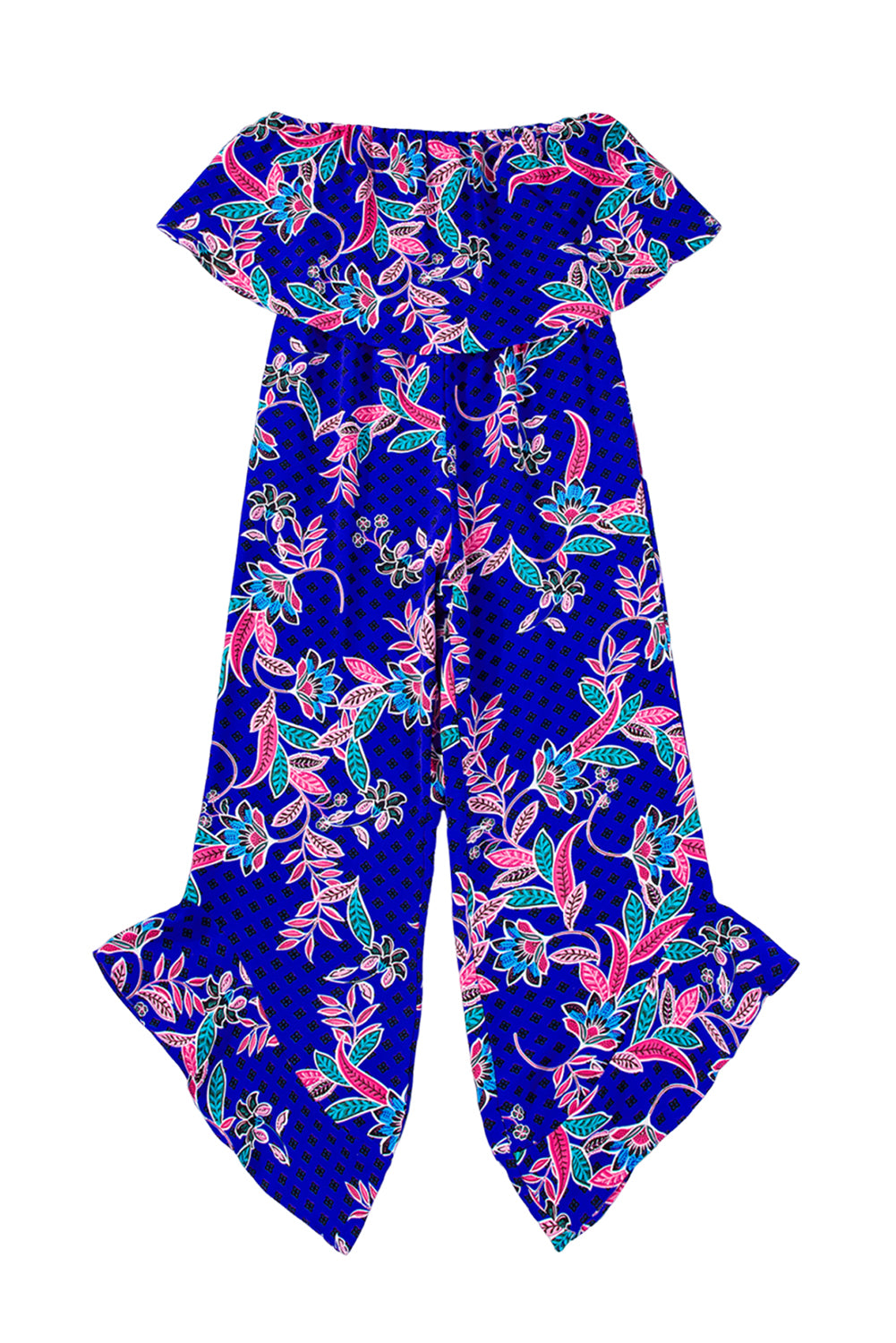 Blue Boho Tropical Print Ruffle Overlay Strapless Flared Jumpsuit