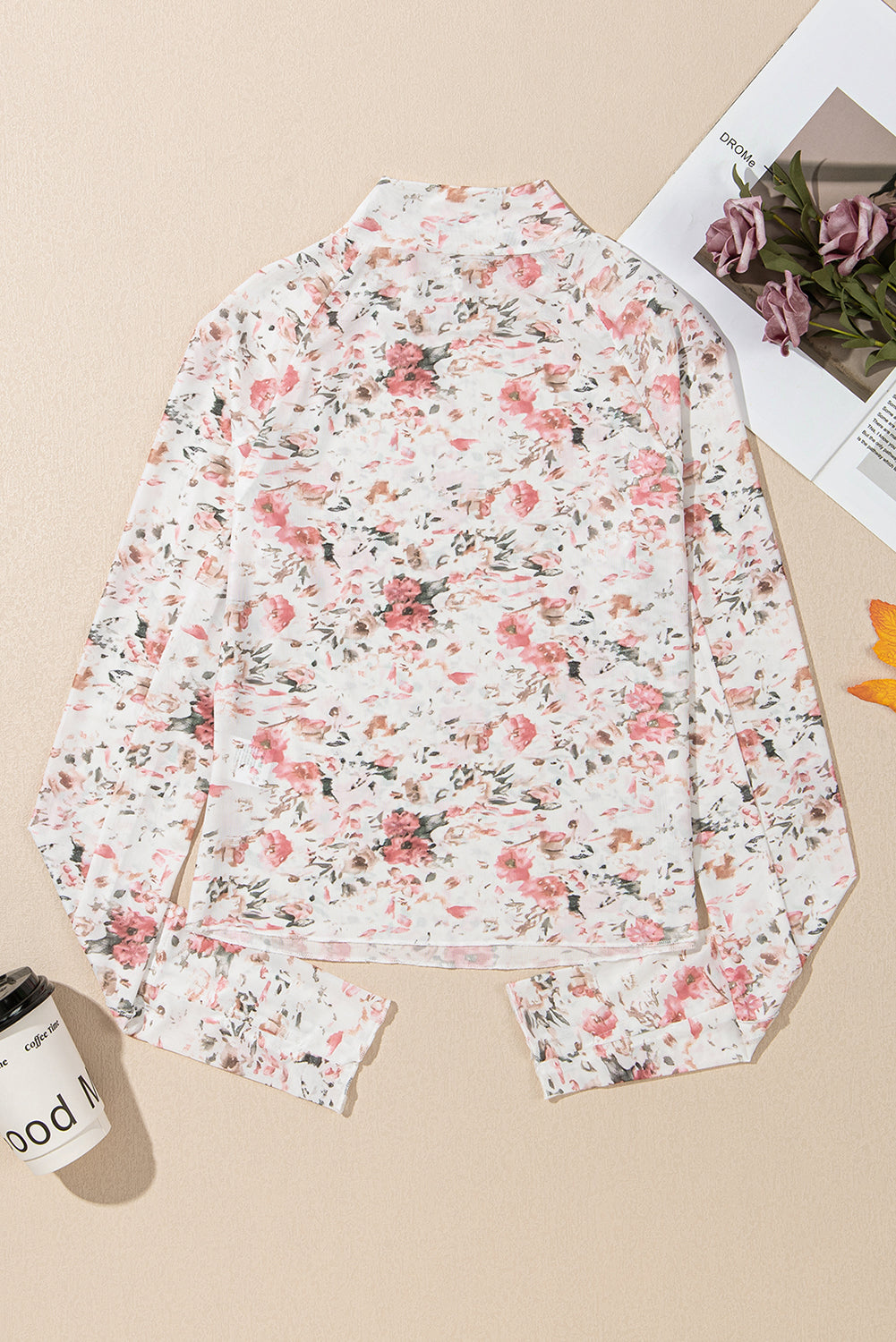 Pink Floral Long Sleeve High Neck Sheath Mesh Blouse