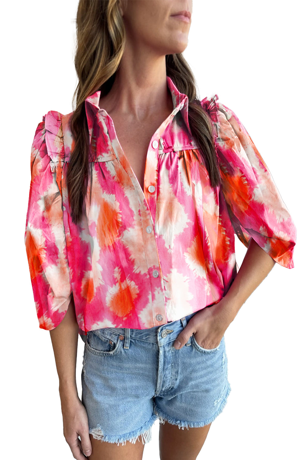 Multicolour Tie Dye Abstract Print Ruffle Puff Sleeve Pleated Blouse