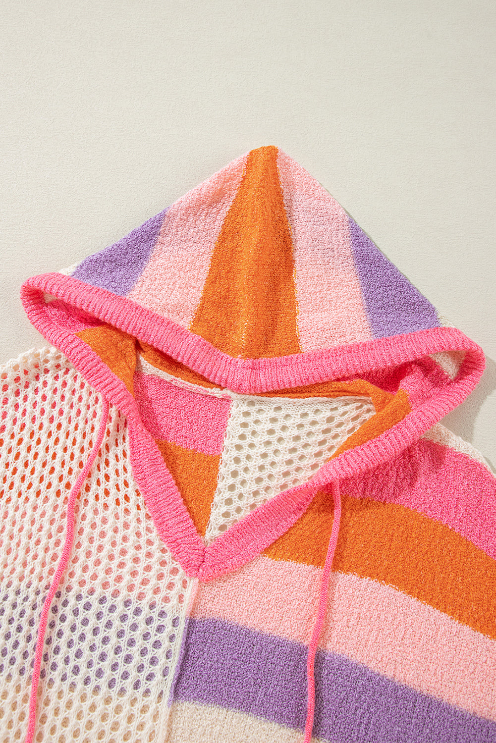 Pink Oversized Colorblock V Neck Hooded Sweater