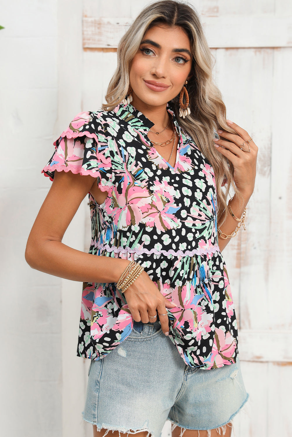 Pink Boho Floral Print Ricrac Splicing Short Sleeve Blouse