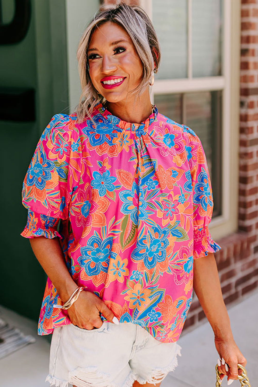 Rose Frill Neck Puff Sleeve Boho Floral Blouse