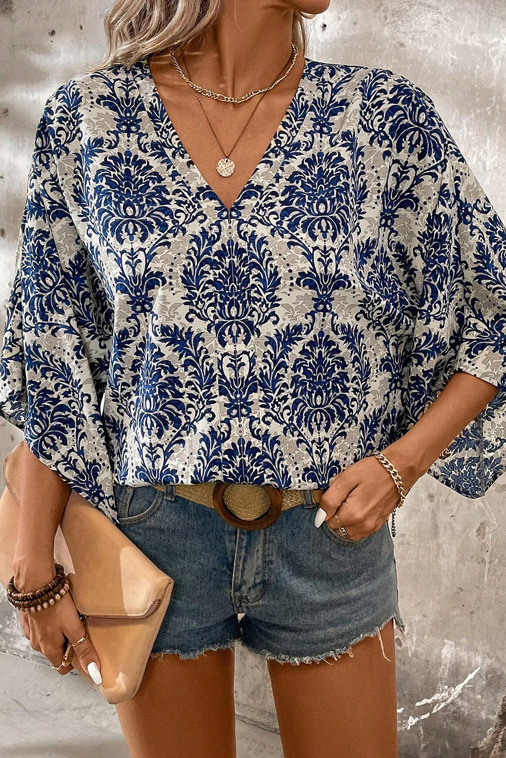 Blue Bohemian Print V Neck Flounce Sleeve Blouse