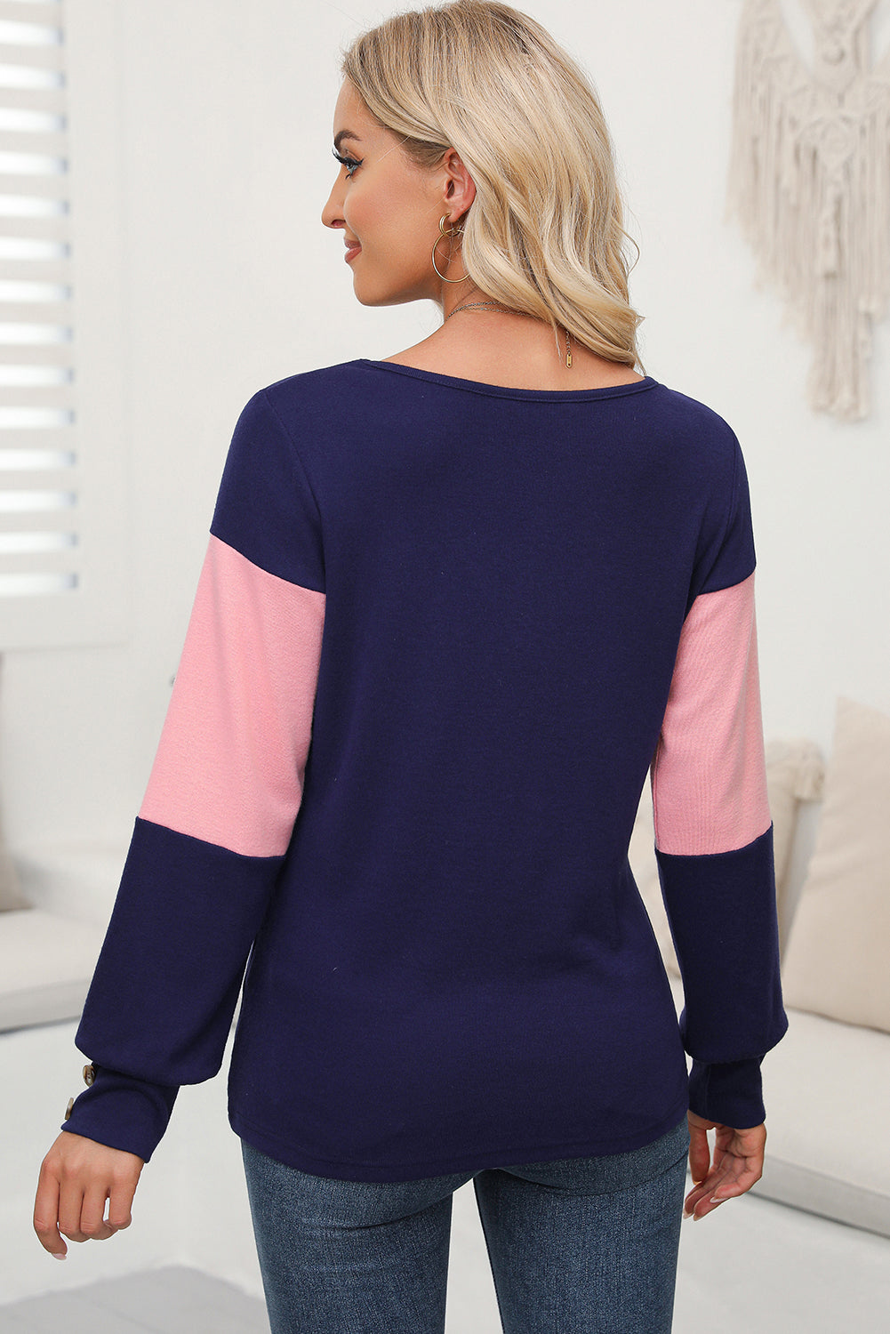 Blue Stripe Colorblock Button Decor Long Sleeve V Neck Top