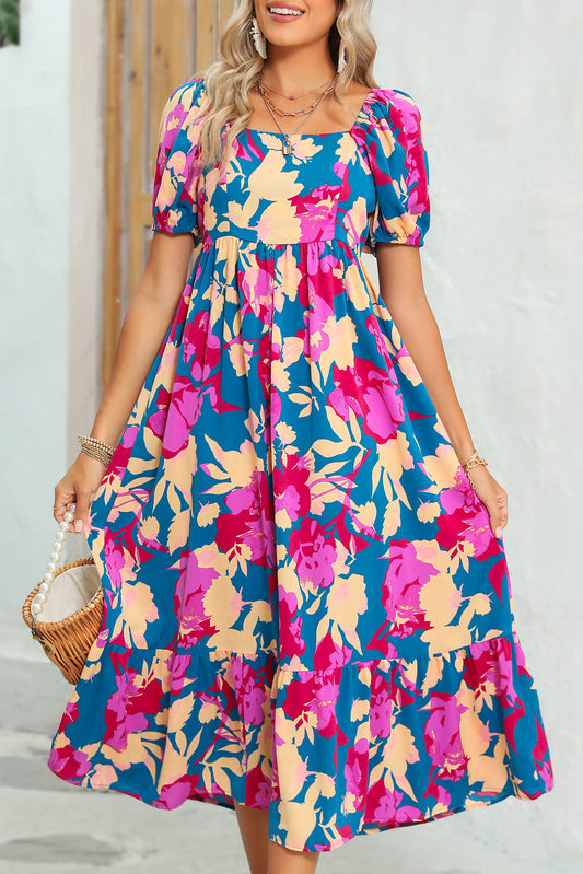 Dark Blue Square Neck Bubble Sleeve Ruffle Hem Floral Dress