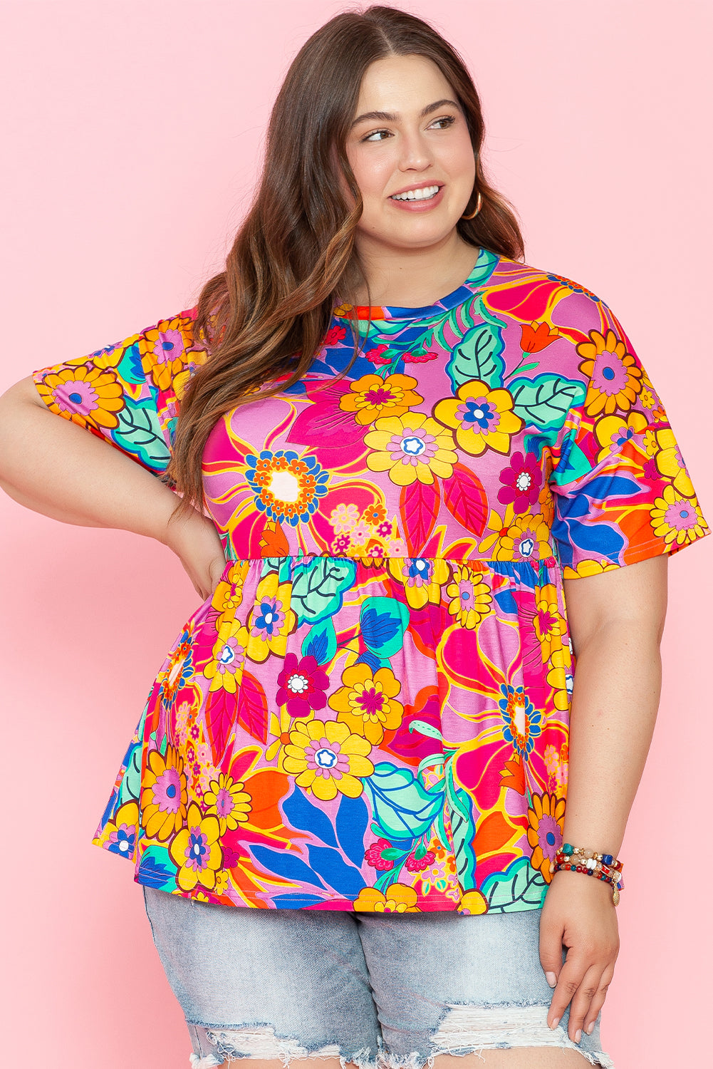 Pink Boho Floral Print Plus Size Babydoll Blouse