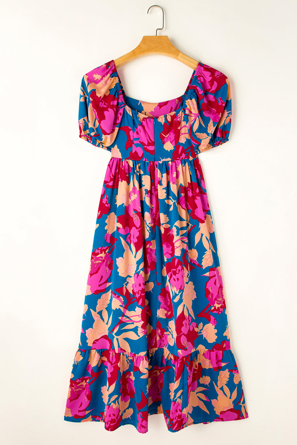 Dark Blue Square Neck Bubble Sleeve Ruffle Hem Floral Dress