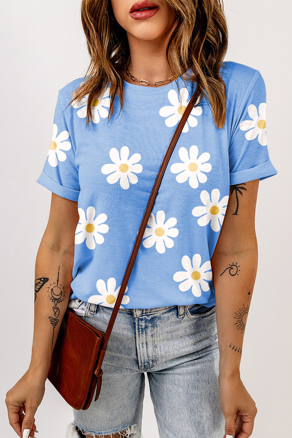 Sky Blue Daisy Print Crewneck T Shirt