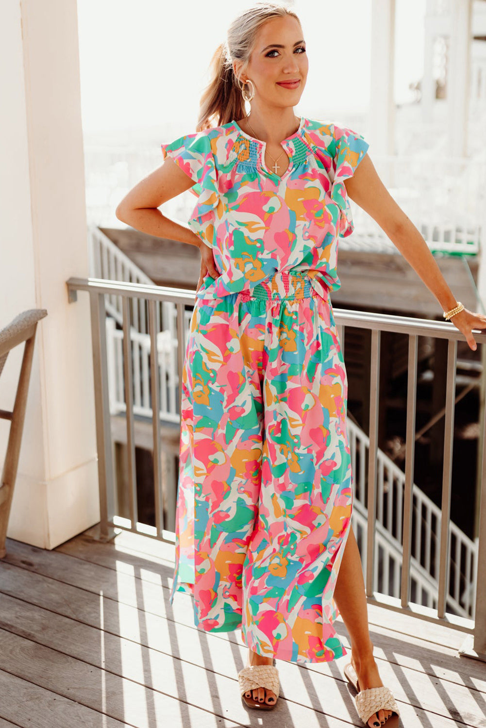 Pink Abstract Ruffle Sleeve Top & Smocked Wide Leg Pants Set